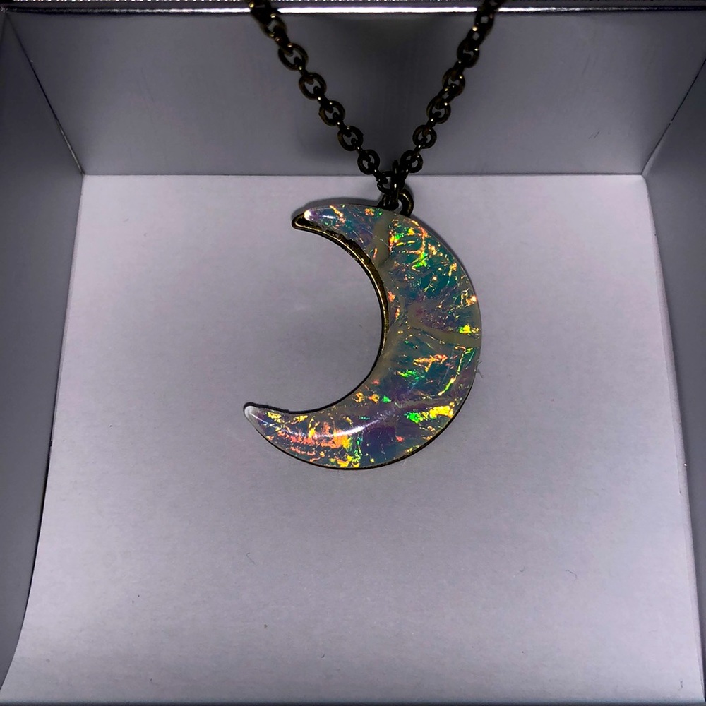 Antique Gold Necklace with Iridescent Moon Pendant